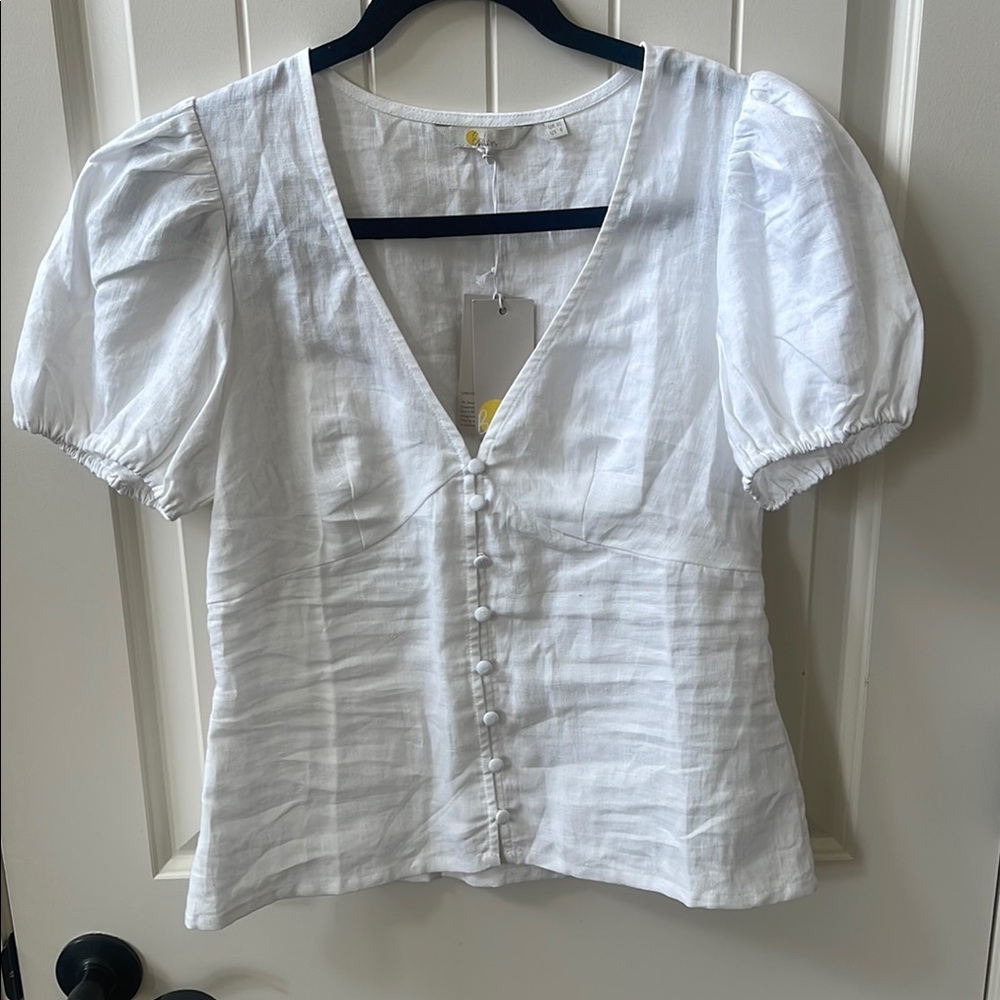 Boden Women White Puff Sleeve Button-Up Blouse size 6 NWT